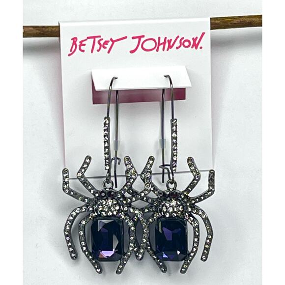 Betsey Johnson Purple Gem SPIDER Dangle Drop EARRINGS Crystal Glass Halloween - Picture 3 of 6